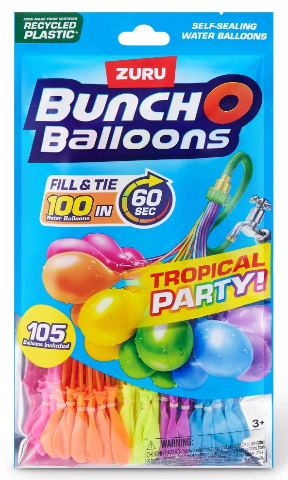 Bunch O Balloons Tropical Party 100+ Globos de Agua de Llenado Rápido y Autocierre (Paquete de 3) para Niños.